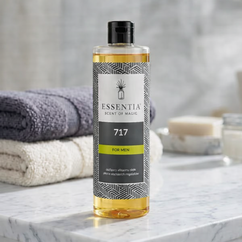 Essentia 717 body wash oil of olay for men in clear bottle with black cap on marble countertop
