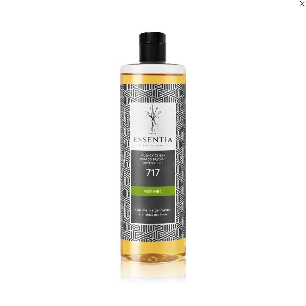 Essentia men's body wash oil of olay in clear bottle with black cap and geometric label design