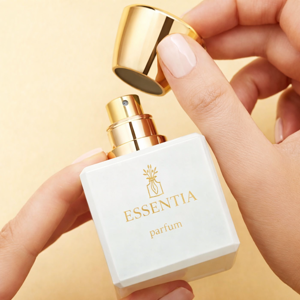 Essentia parfum bottle with gold cap held in hand highlighting floral fragrance essence