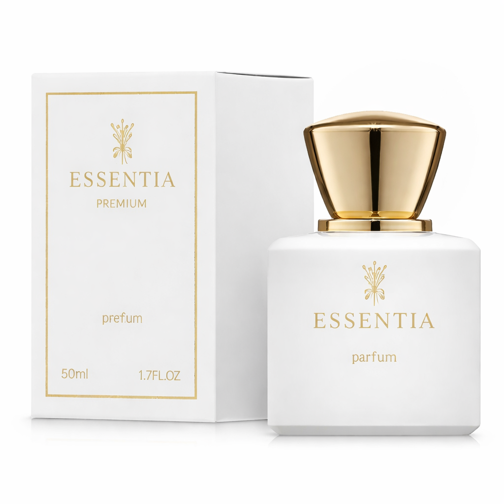 Essentia white perfume bottle with gold cap and box featuring floral fragrance premium parfum