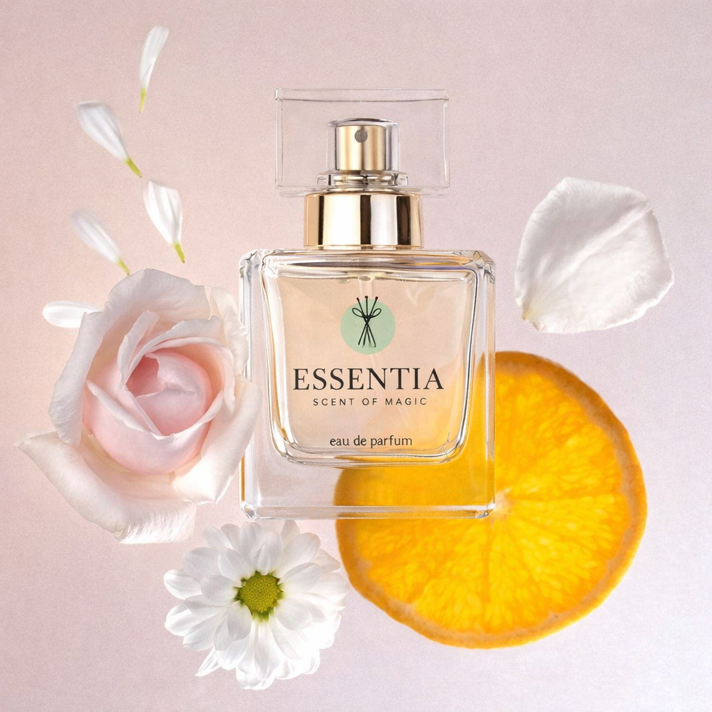 Essentia floral fruity fragrance for women with rose, daisy, and orange slice accents