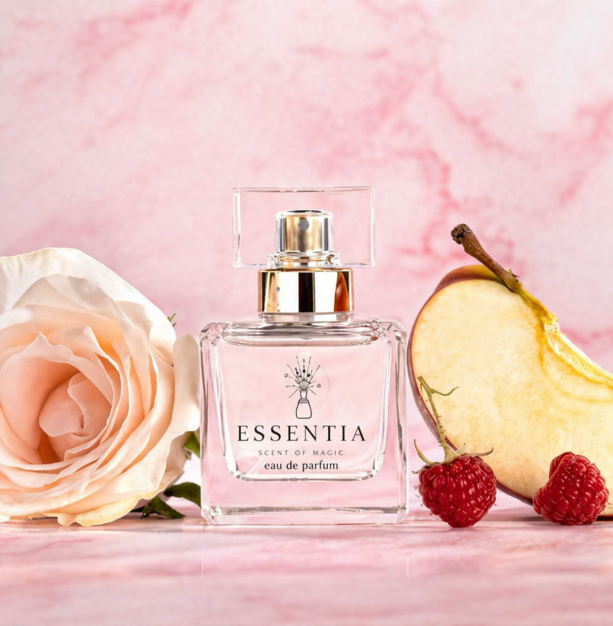 Essentia perfume bottle with floral fruity fragrance for women next to rose, apple slice, and raspberries