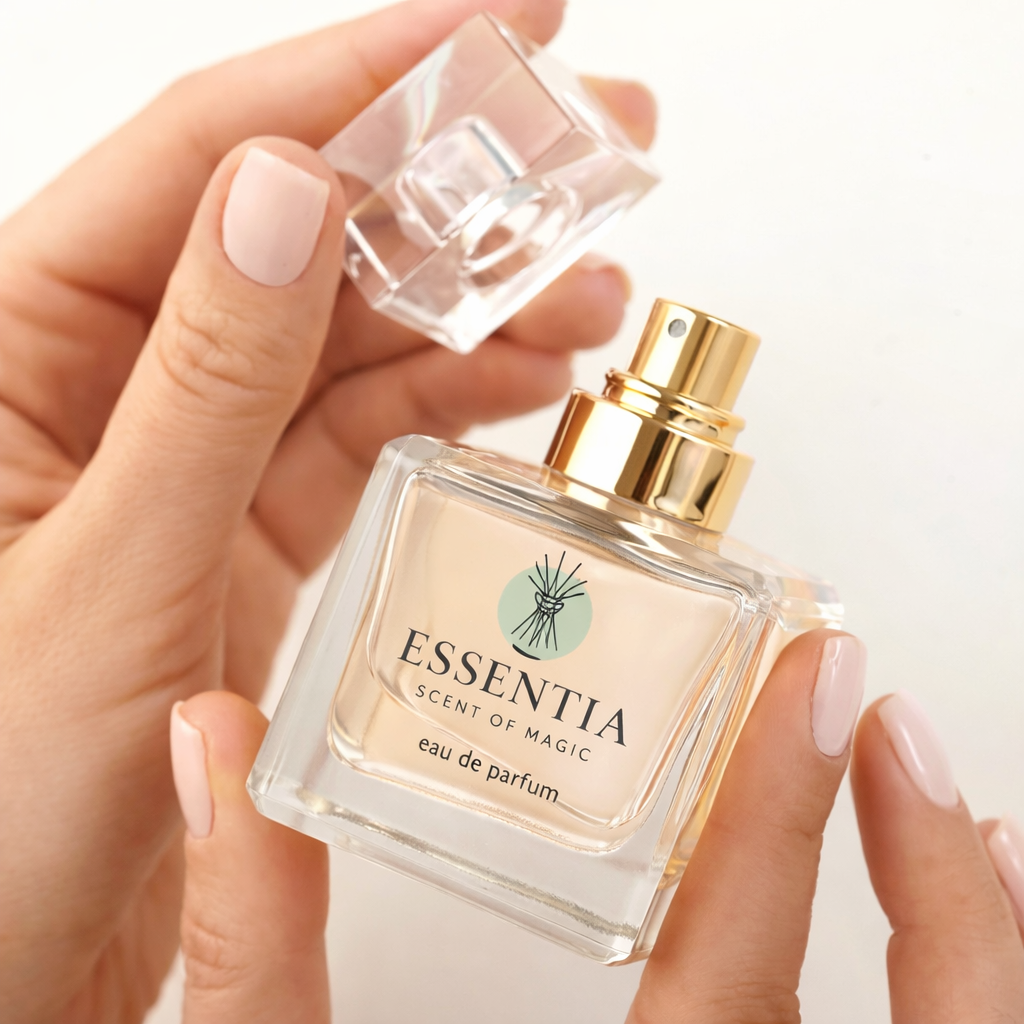 Essentia floral fruity fragrance for women in clear glass spray bottle held by hands