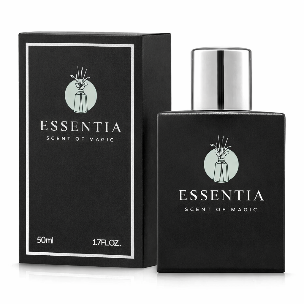 Essentia floral woody musk fragrance 50ml bottle and black box with silver cap