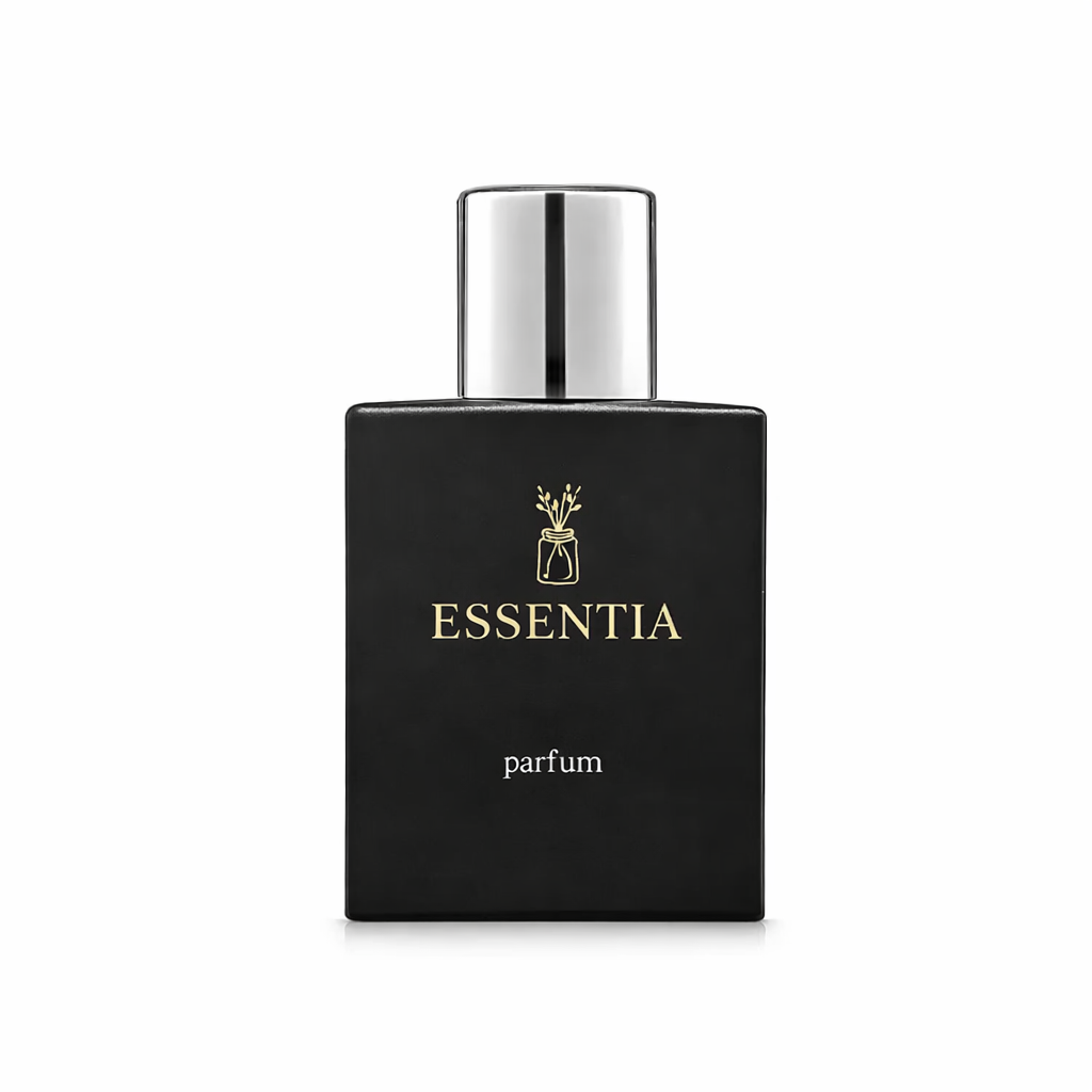 Essentia black perfume bottle with silver cap floral fruity fragrance for women