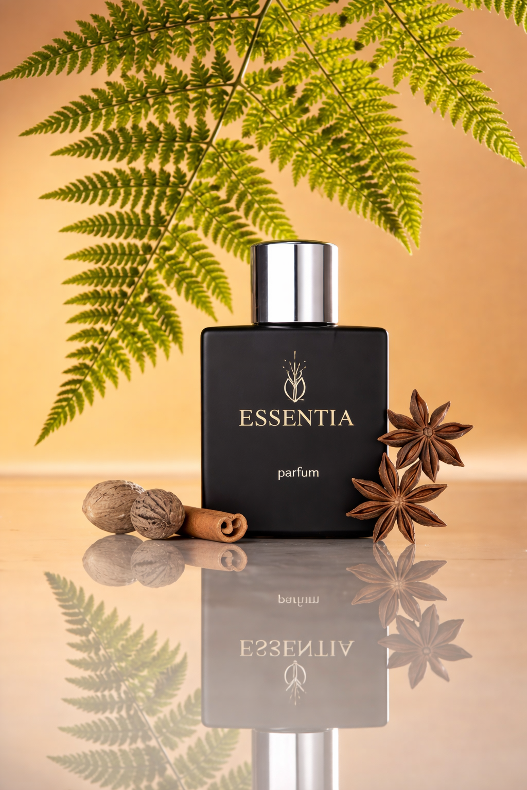 Essentia black parfum bottle with floral fruity fragrance for women next to spices and green fern leaf