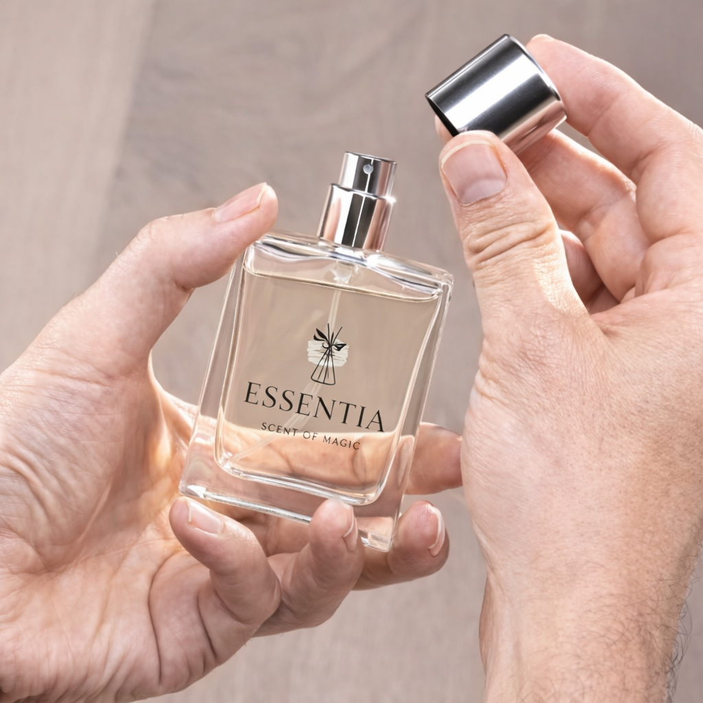 Essentia perfume bottle held in hands with cap removed, inspired by tiger woods warm-up routine